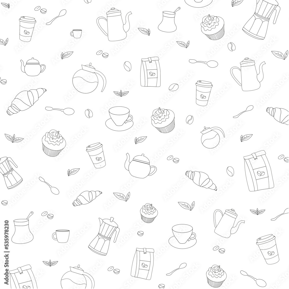 Coffee pattern, tea pots and food, black and white pattern, coffee shop pattern and printing on tablecloth, rugs.