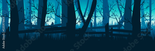 spooky silhouette forest landscape vector illustration good for wallpaper, background, banner, backdrop, halloween and design template