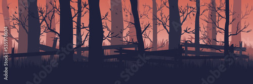 spooky silhouette forest landscape vector illustration good for wallpaper, background, banner, backdrop, advertising and halloween