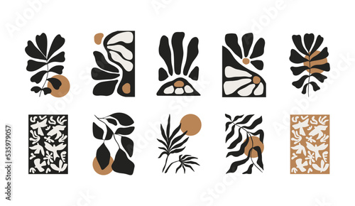 Abstract set of clockwork floral elements. Modern trendy minimalistic Matisse style. Hand drawn for wallpaper, wall decor, print, postcard, cover, template, banner.