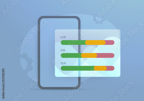 LCP, FID, CLS - Core Web Vitals web site performance metrics. Smartphone with scan results of the mobile website version. Vector illustration concept
