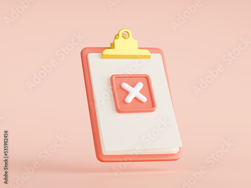 3D render of red paper clipboard with cross mark. Illustration of document with rejection sign. Veto, error, mistake, no, negative decision, election vote, task failure, todo list, cancellation sign photo