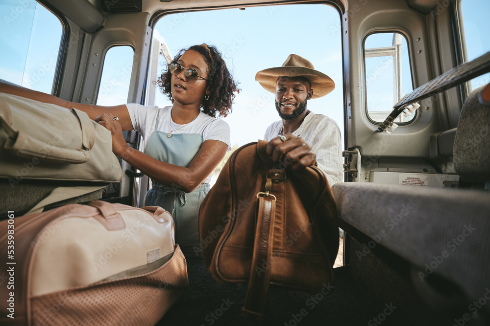Black couple travel and packing for road trip journey or