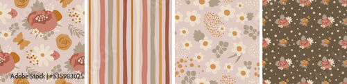 Boho daisy pattern set, Boho peony. Pastel boho floral summer print collection. Earth tone peony seamless pattern Big and small floral background. Nature wedding vector illustration, wallpaper design.