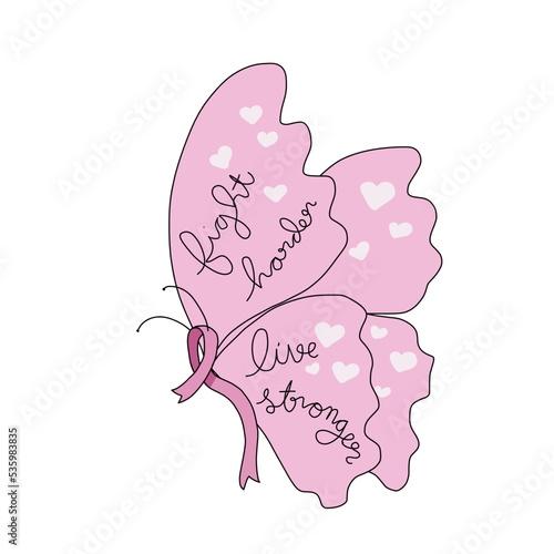Fight harder, live stronger word on pink butterfly ribbon  vector illustration 