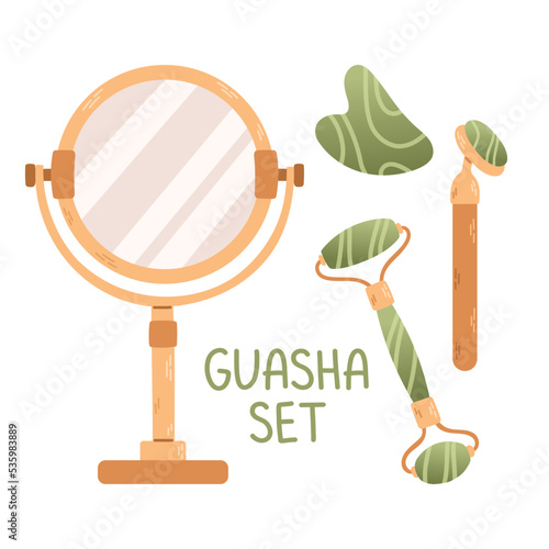 A set of trendy gua sha scrapers made of natural stone and roller massager for facial care. Vector illustration