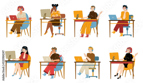 Operators in headset working in call center, customer support service. Diverse people sitting at tables in helpdesk isolated on white background, vector flat illustration