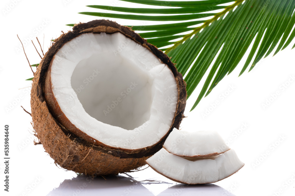 Coconut with leaves on white background Coconut with leaves on white background