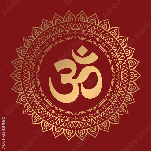 Om Hindu Symbol with Mandala Golden Color With Maroon Background Printable Can be used for Poster, Banner, Sticker, wall of Temple, House etc. 