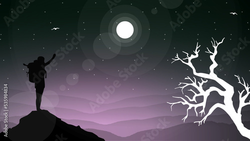 silhouette of a person in the mountains, Travelers climb with backpack and travel walking sticks, person with backpack for hiking silhouette vector, mountain climber background