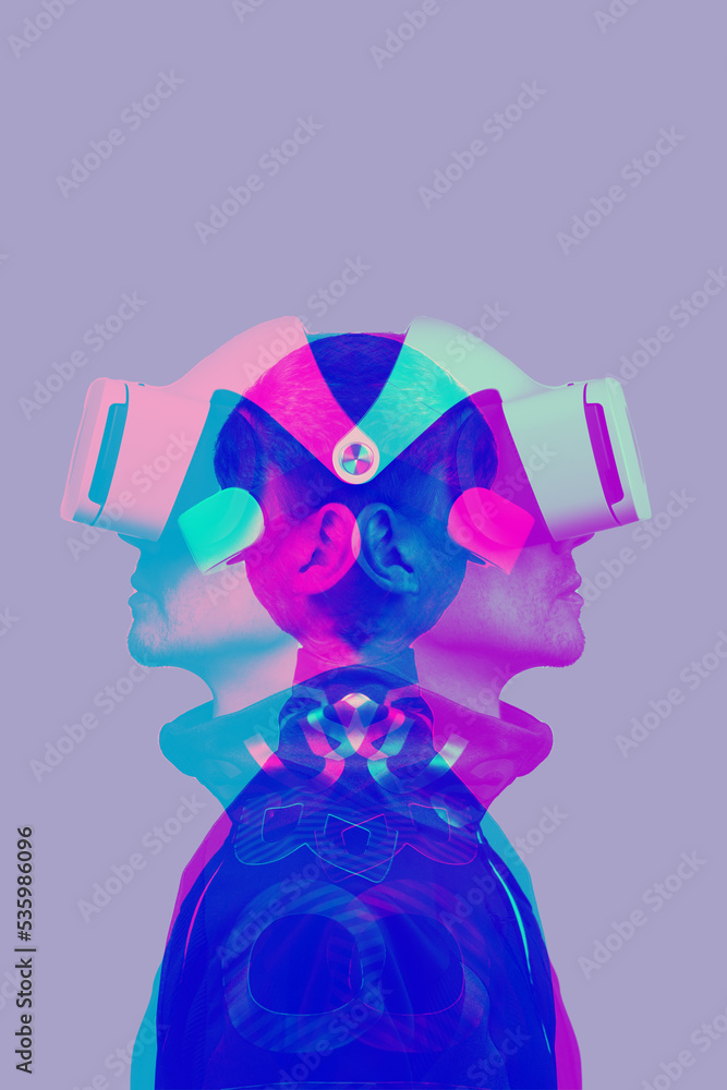 © nuclear_lily - Man is using virtual reality headset. Image with double color exposure effect.