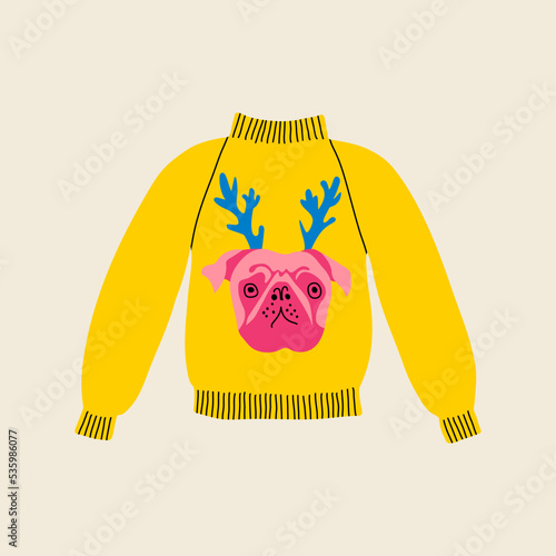 Christmas ugly yellow winter sweater in flat line trendy style, pink dog, bulldog with green horns costume. Hand drawn holiday cartoon colorful vector illustration for Xmas party. Warm knitted jumper.