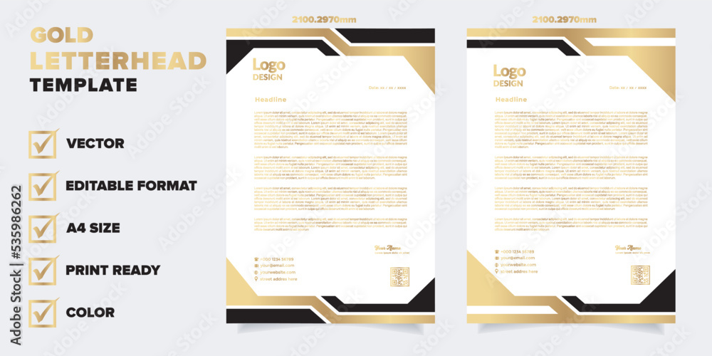 gold letterhead template for business company stationery design with A4