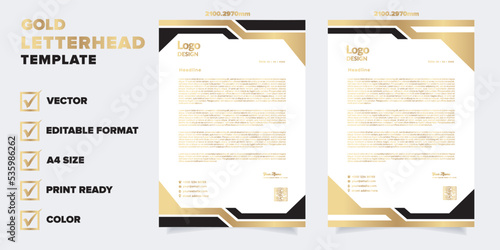 gold letterhead template for business company stationery design with A4 sheet vector format and editable layout in luxury color