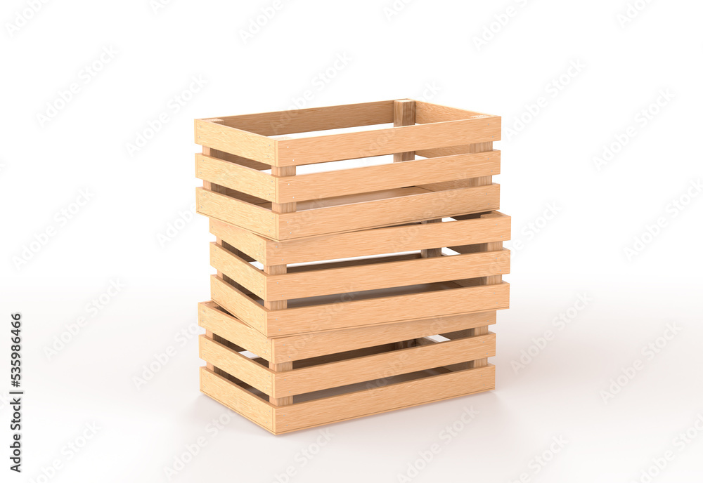3D Stack of wooden boxes angle view. Pile blank rectangular crates, timber plank containers, tray or pallets for storage and delivery farm fruit or vegetable on white background 3D Stack of wooden boxes angle view. Pile blank rectangular crates, timber plank containers, tray or pallets for storage and delivery farm fruit or vegetable on white background