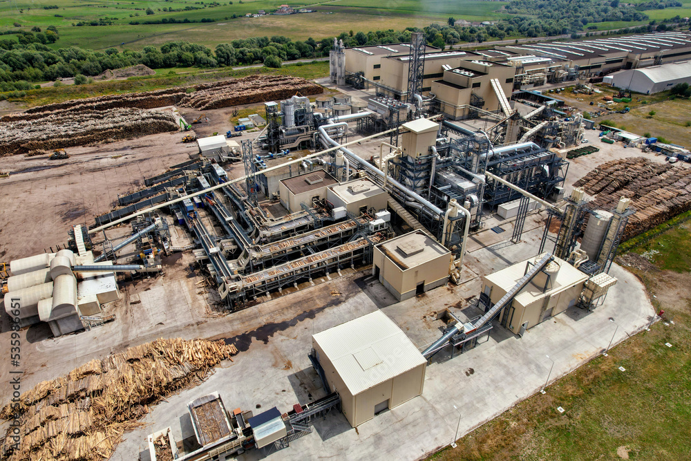 Aerial panorama view of a wood processing industrial plant
