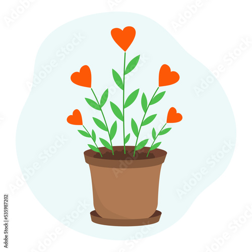 Flowers in form heart. Love plant in pot. Vector illustration. Design for Valentine’s Day. The concept of goodness and love.