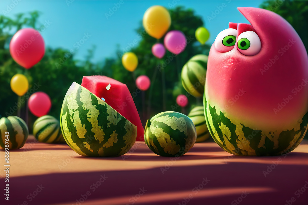 Cartoon of a watermelon character surrounded by other watermelons ...