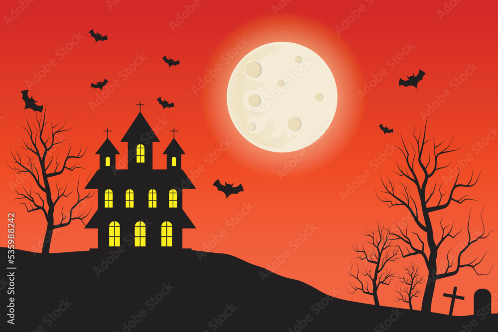 Halloween night background, dark castle on the hill and the moon background,. vector illustration
