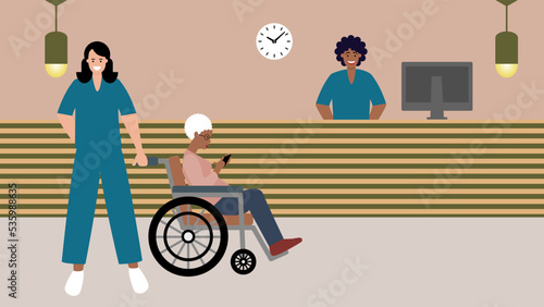 Elderly woman sitting in wheel chair accompanied by hospital orderly