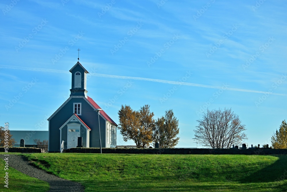 Iceland-view of church Reykholtskirkja in Reykholt