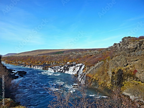 Iceland-view of river Hvítá and waterfalls Hraunfossar