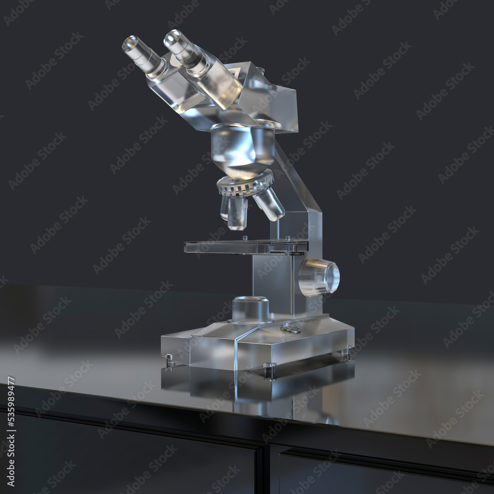 Optical binocular microscope, 3D illustration Optical binocular microscope, 3D illustration
