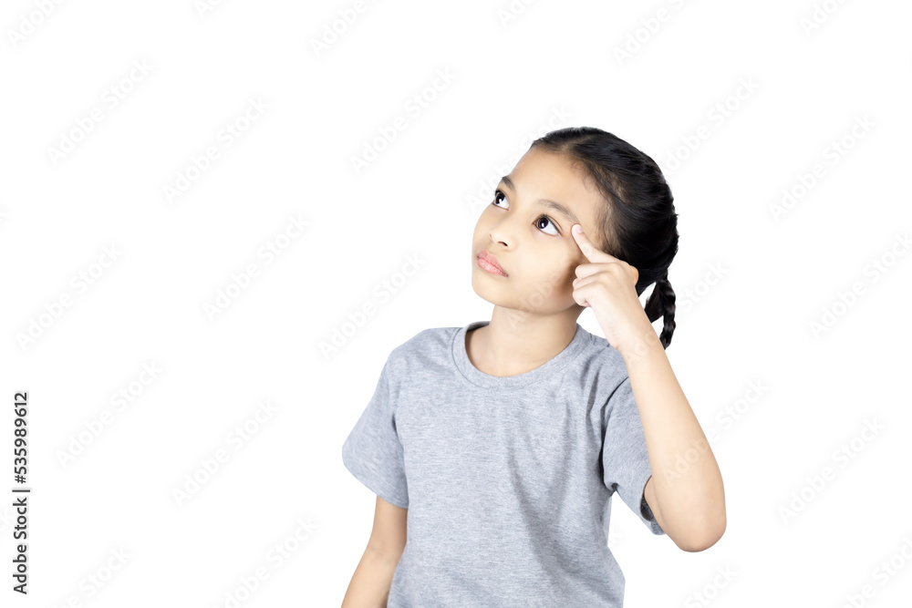 Asian little girl use finger pointing to her head looking at product or empty copy space while standing over with clipping path. Asian little girl use finger pointing to her head looking at product or empty copy space while standing over with clipping path.