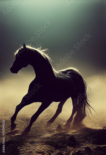 Running horse silhouette in a diffused light, photorealistic illustration