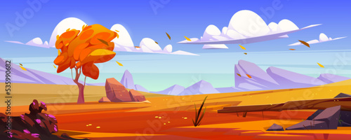 Cartoon autumn landscape, mountain valley nature background with orange rocky plain under blue sky with clouds, falling leaves and stones, beautiful scenery fall scenic view, Vector illustration