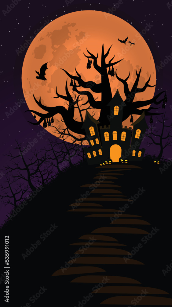 Halloween background with silhouette castle, bats and big moon