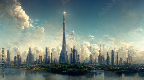 design of futuristic sky city , abstract tower architecture , illustation design , internet connect of line ,data transfer
