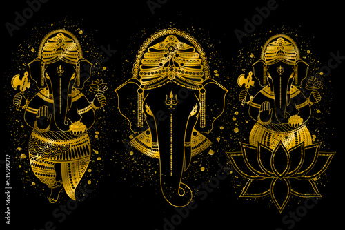 Set of images of Ganesha, or Ganapati, Indian deity in the Hindu, in lotus, head and in full growth, vector illustration in golden outline and splashes