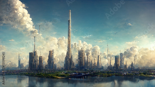 design of futuristic sky city    abstract tower architecture   illustation design   internet connect of line  data transfer