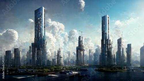 design of futuristic sky city    abstract tower architecture   illustation design   internet connect of line  data transfer