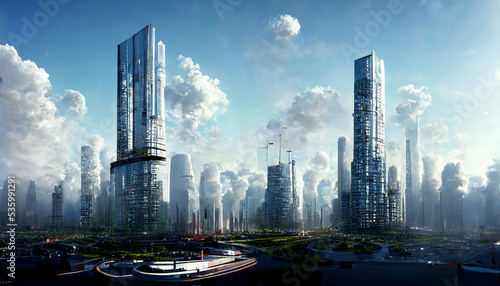 design of futuristic sky city , abstract tower architecture , illustation design , internet connect of line ,data transfer