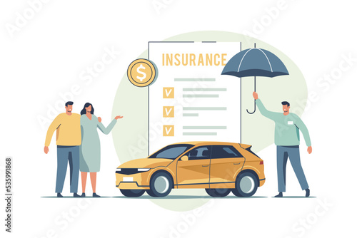 Auto insurance. Concept of car safety, assistance and protection. Couple buying or renting car and signing insurance policy. Vector illustration.