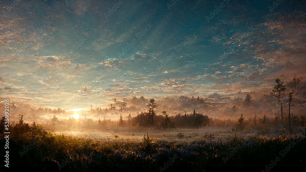 Obraz premium sunrise time of forest field landscape nature