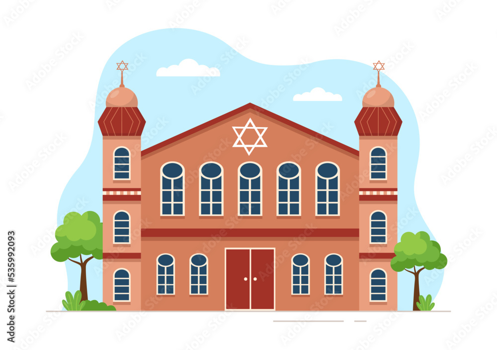 Synagogue Building or Jewish Temple with Religious, Hebrew or Judaism and Jew Worship Place in Template Hand Drawn Cartoon Flat Illustration