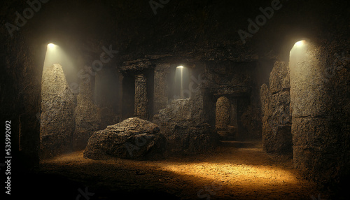 Dark medieval castle dungeon tunnel ,Dark underground corridor in a dungeon with light