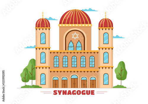 Synagogue Building or Jewish Temple with Religious, Hebrew or Judaism and Jew Worship Place in Template Hand Drawn Cartoon Flat Illustration