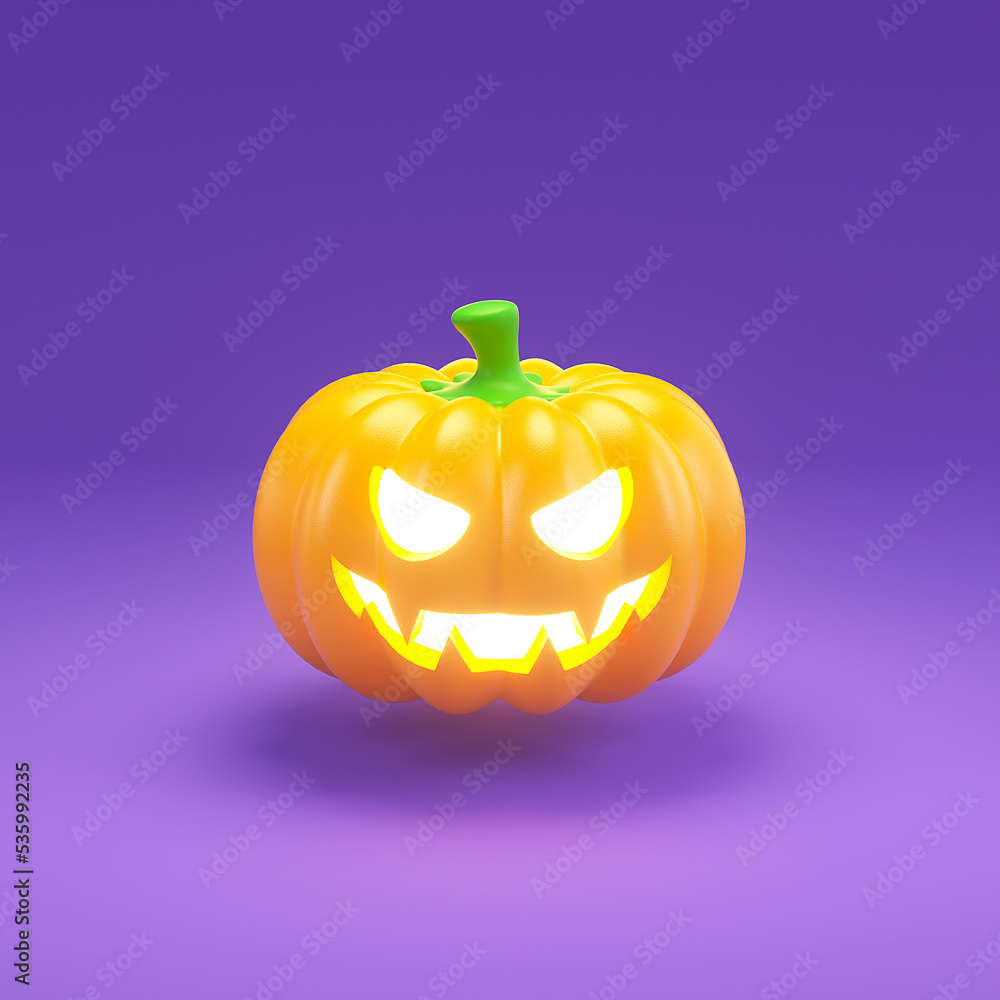 Halloween Pumpkin with evil face on violet background. 3d rendering illustration. Halloween Pumpkin with evil face on violet background. 3d rendering illustration.