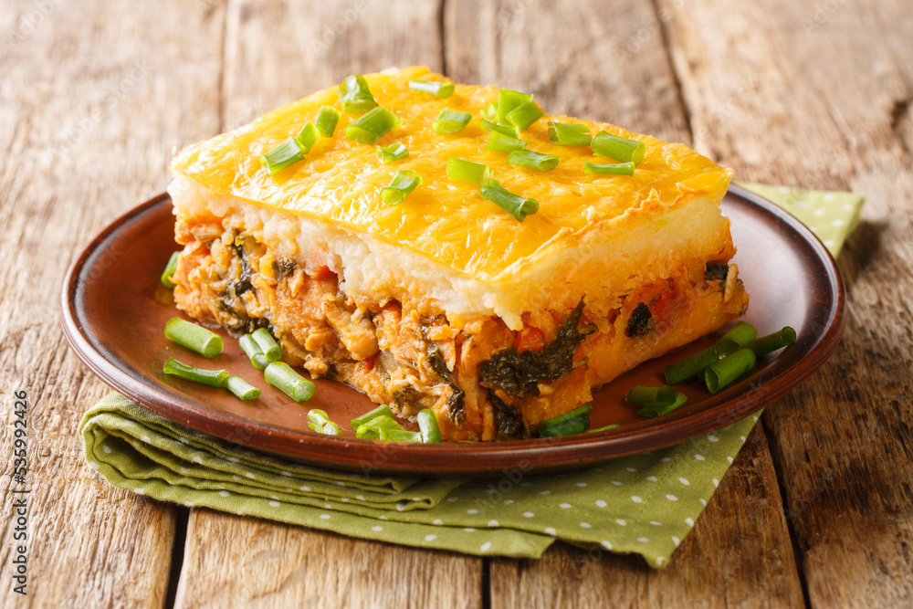 Portion of shepherd's pie of mashed potatoes with minced meat and vegetables on top with cheese close-up on a plate on the table. horizontal