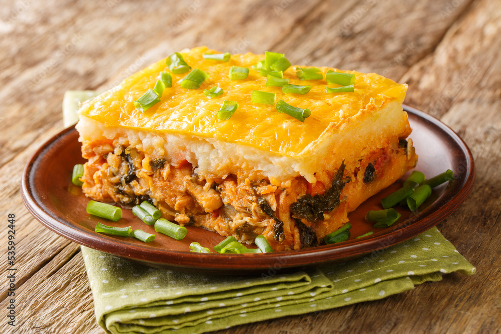 casserole of mashed potatoes with minced meat and vegetables on top with cheese close-up on a plate on the table. horizontal casserole of mashed potatoes with minced meat and vegetables on top with cheese close-up on a plate on the table. horizontal