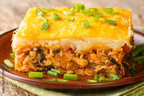 Brazilian Shepherds Pie Escondidinho made of mashed potatoes and ground meat with vegetables closeup in the plate on the table. Horizontal