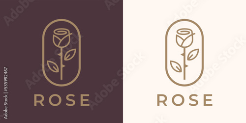 Elegant rose logo design. Luxury boutique flower line icon. Floral beauty care brand emblem. Petal blossom perfume symbol. Vector illustration.