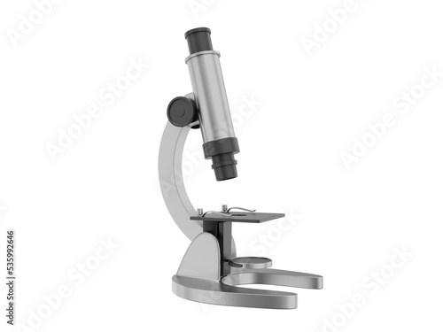 Realistic gray microscope. 3D rendering. Icon on yellow background