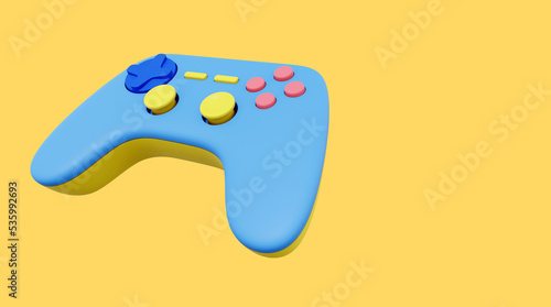 Realistic console game controller. Multicolored icon on yellow background with space for text. 3D rendering.