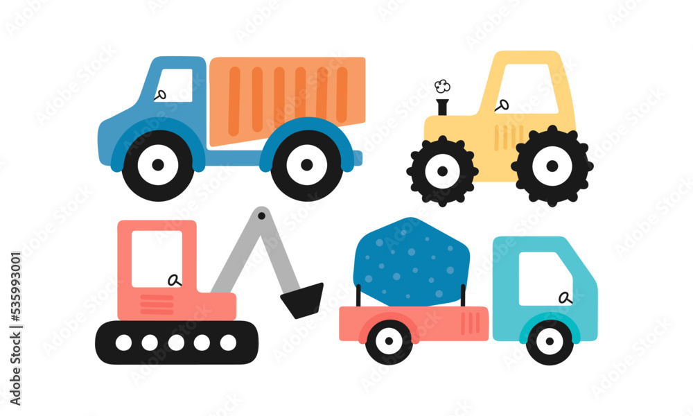 Set with construction vehicles for kids design. Vector illustration on a white background. For card, posters, stickers, banners, printing on the pack, printing on clothes, fabric, wallpaper.