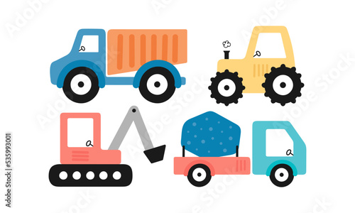 Set with construction vehicles for kids design. Vector illustration on a white background. For card, posters, stickers, banners, printing on the pack, printing on clothes, fabric, wallpaper.